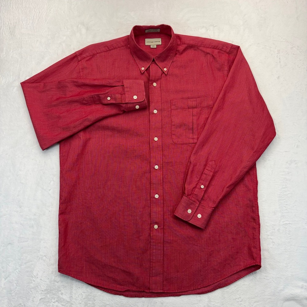 Cutter & Buck Mens Red Micro Check Cotton Button Down Shirt Large L Long Sleeve